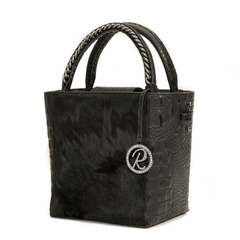 Raviani Black Croc-Embossed Leather Handbag